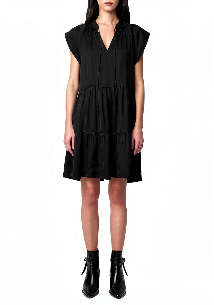 Zadig Voltaire Rito Satin Dress in Noir showcasing the split neckline and cap sleeves