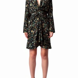 Zadig Voltaire Silk Dress Noir V Collar Long Sleeves Womens-0