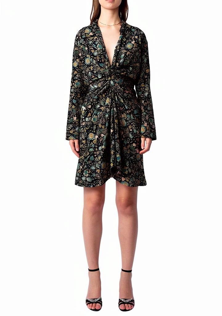 Zadig Voltaire silk dress showcasing v collar and front gathering