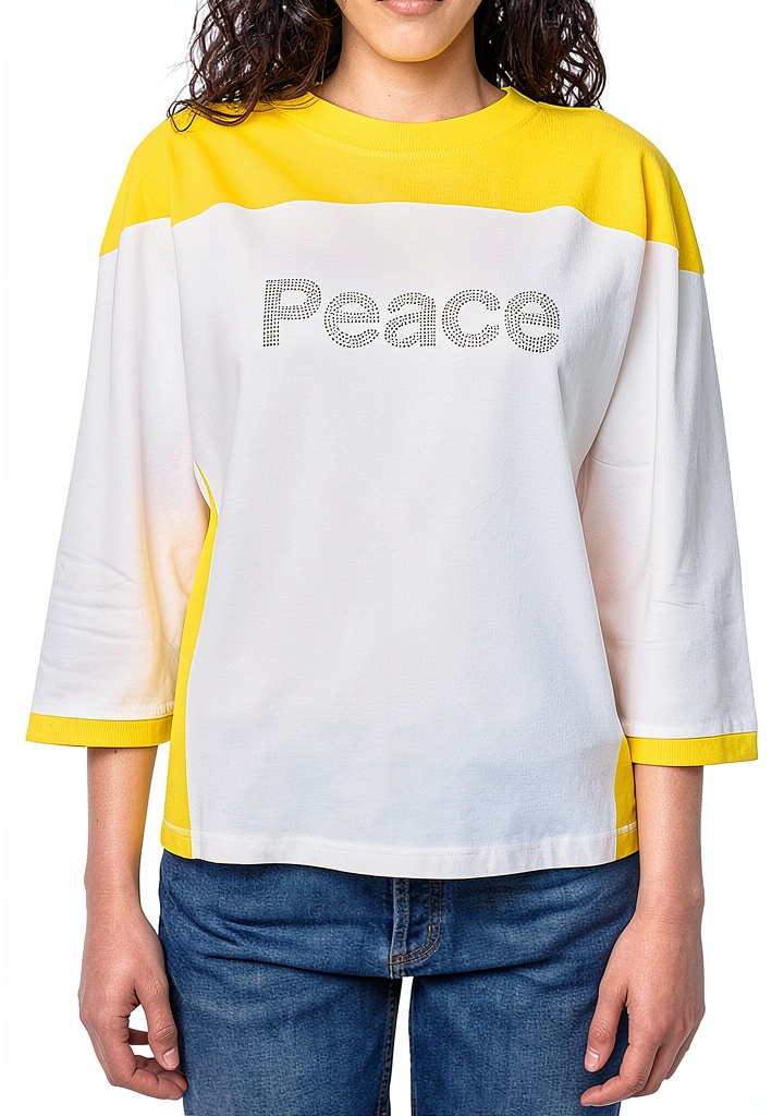 Zadig Voltaire Colorblock T-Shirt with rhinestone peace graphic on a model