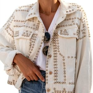 Womens Denim Jacket Cotton Button Front Casual Streetwear-0